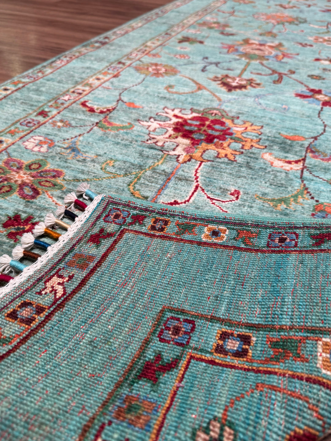 Sultani Çiçekli Yolluk Orijinal El Dokuması Turkuaz Kök Boya Yün Halı 0.83x315 2.61 Metrekare - 2x10 ft