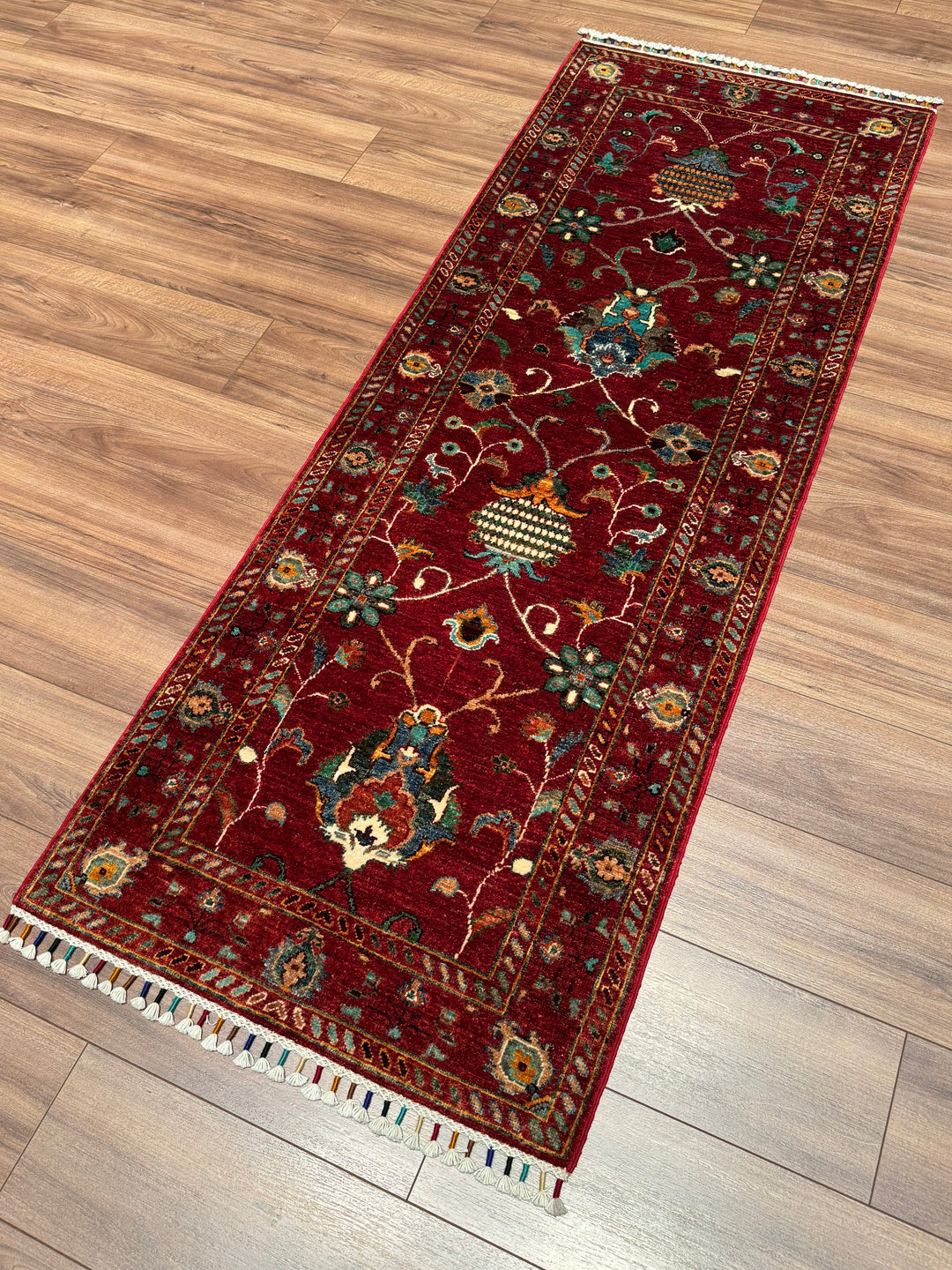 Sultani Binbirgece Runner Original Hand-Woven Red Vegetable Dyed Wool Carpet 0.75x206 1.55 Square Meters - 3x6 ft