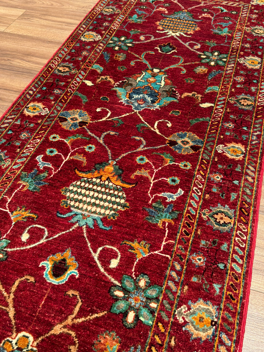 Sultani Binbirgece Runner Original Hand-Woven Red Vegetable Dyed Wool Carpet 0.75x206 1.55 Square Meters - 3x6 ft
