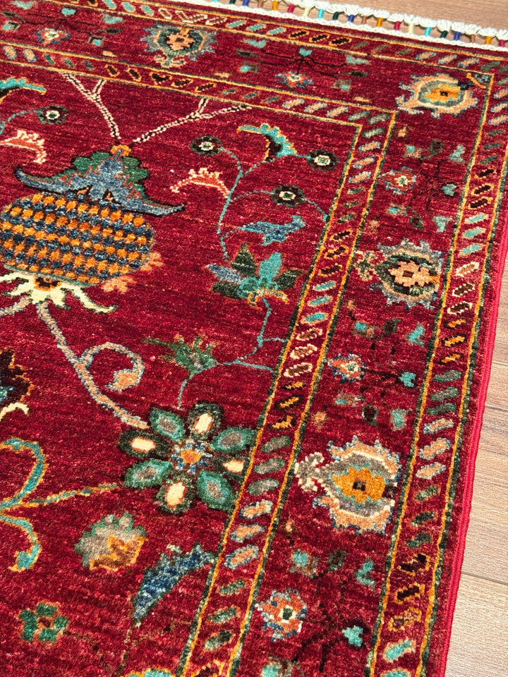Sultani Binbirgece Runner Original Hand-Woven Red Vegetable Dyed Wool Carpet 0.75x206 1.55 Square Meters - 3x6 ft
