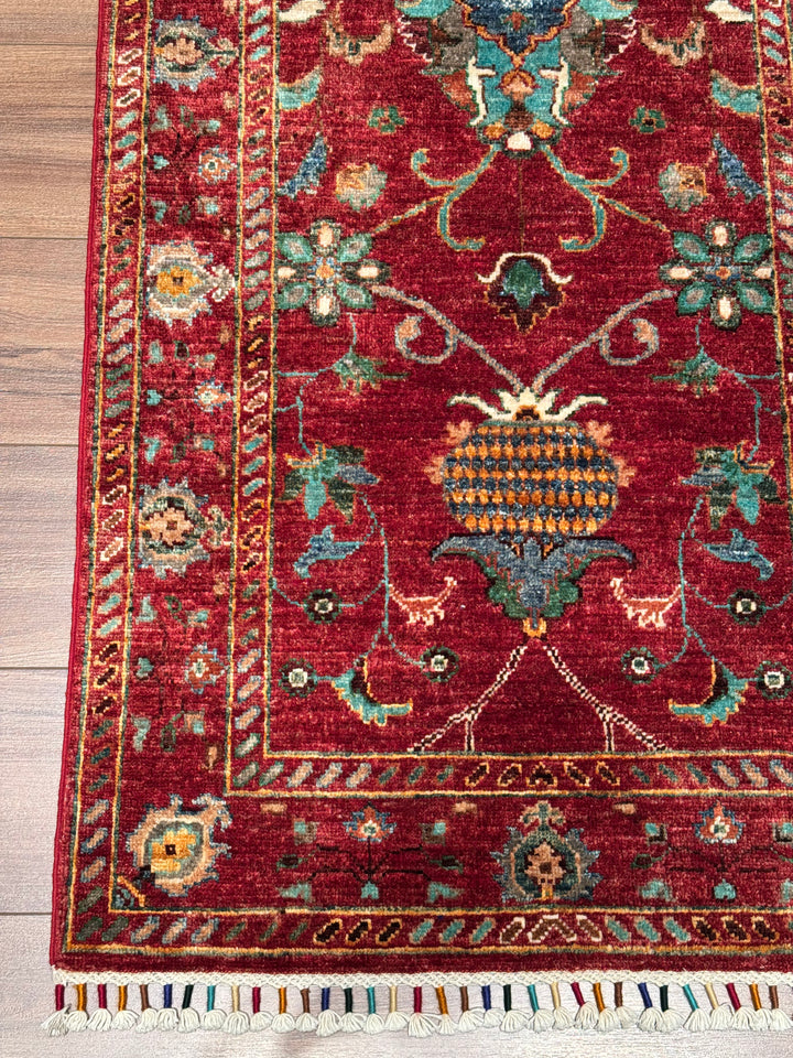 Sultani Binbirgece Runner Original Hand-Woven Red Vegetable Dyed Wool Carpet 0.75x206 1.55 Square Meters - 3x6 ft