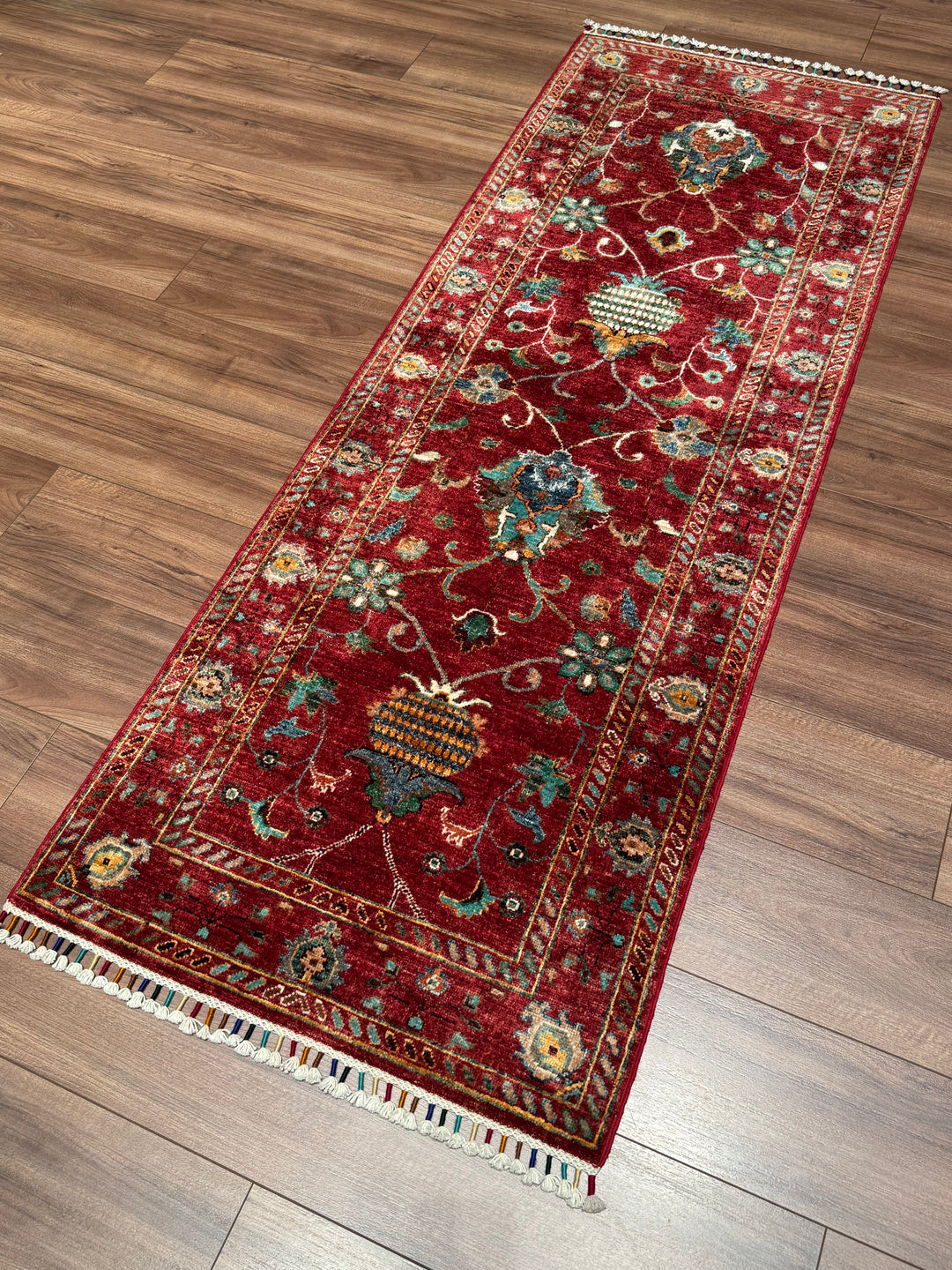Sultani Binbirgece Runner Original Hand-Woven Red Vegetable Dyed Wool Carpet 0.75x206 1.55 Square Meters - 3x6 ft
