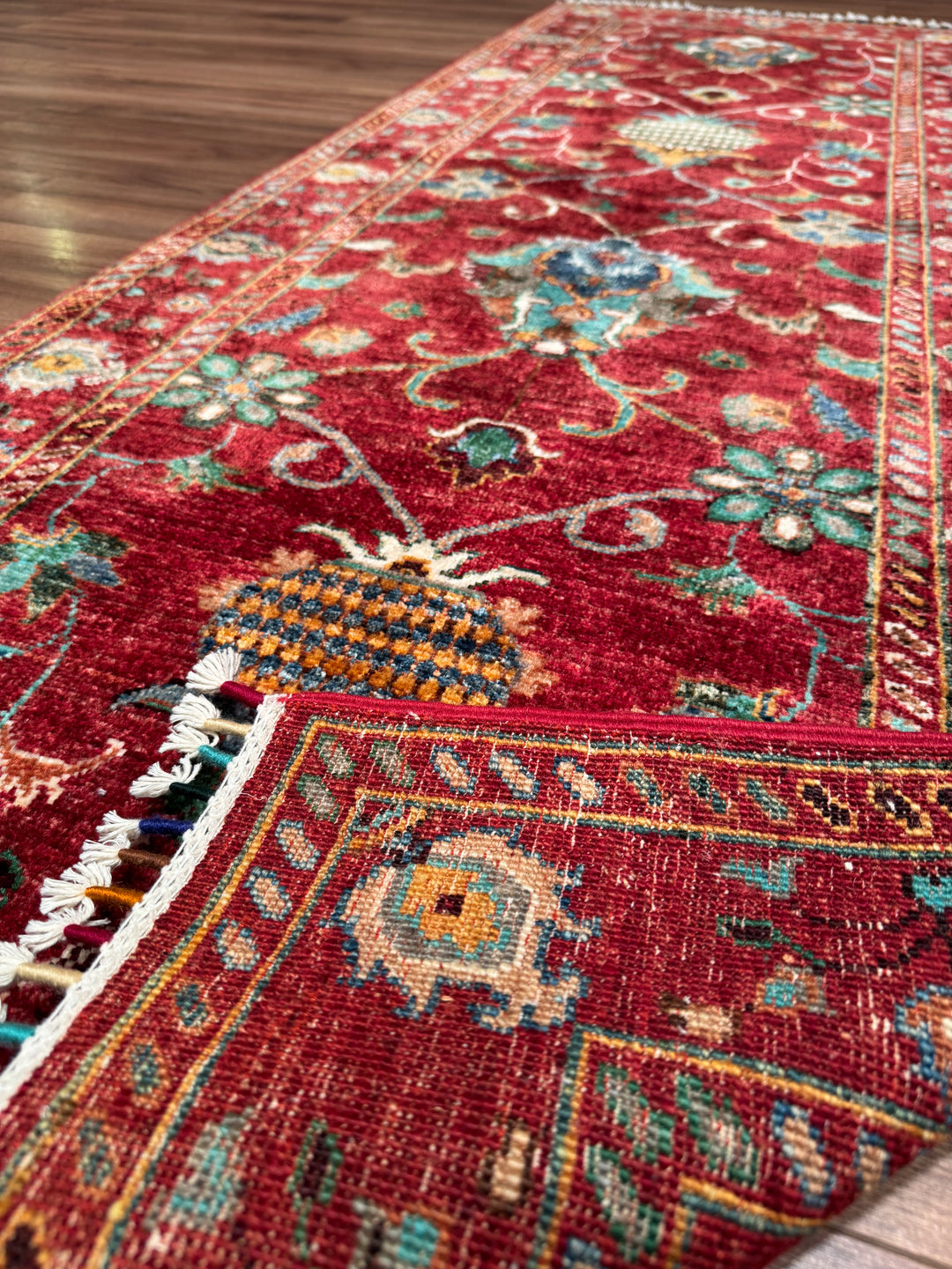 Sultani Binbirgece Runner Original Hand-Woven Red Vegetable Dyed Wool Carpet 0.75x206 1.55 Square Meters - 3x6 ft