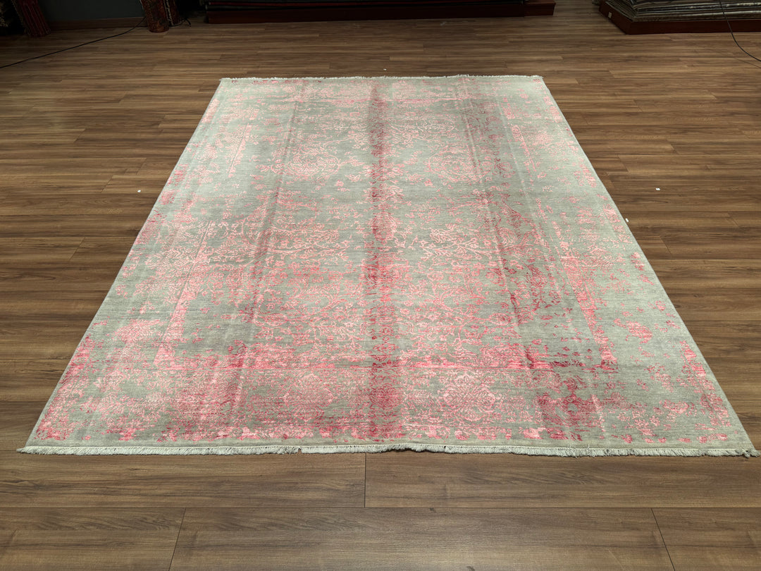 New Diamond Orjinal El Dokuması Gri Pembe Yün Bambu Halı 239x309 7.39 Metrekare - 8x10 ft