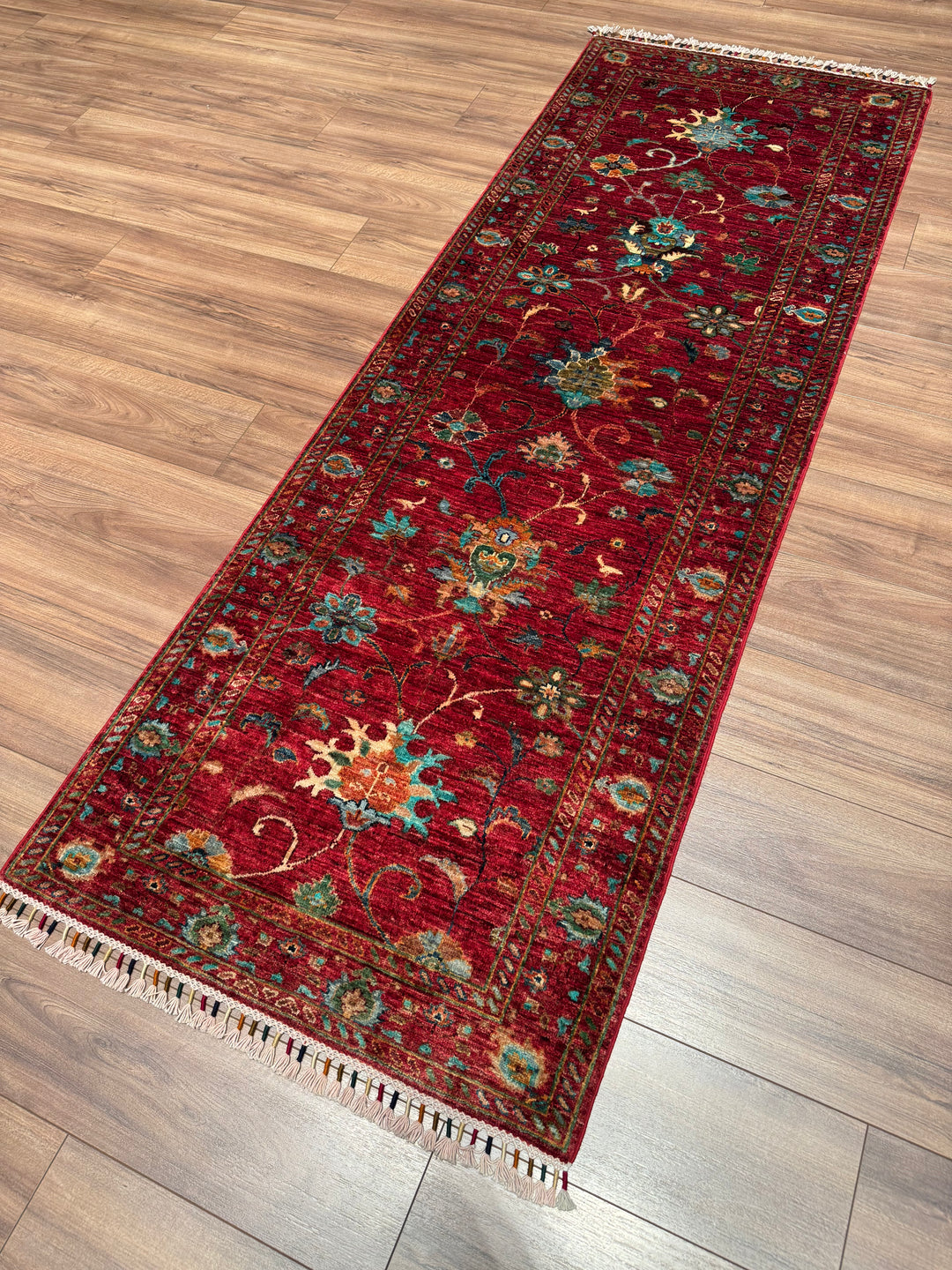 Sultani Binbirgece Runner Original Hand-Woven Red Vegetable Dyed Wool Carpet 0.83x238 1.98 Square Meters - 3x6 ft