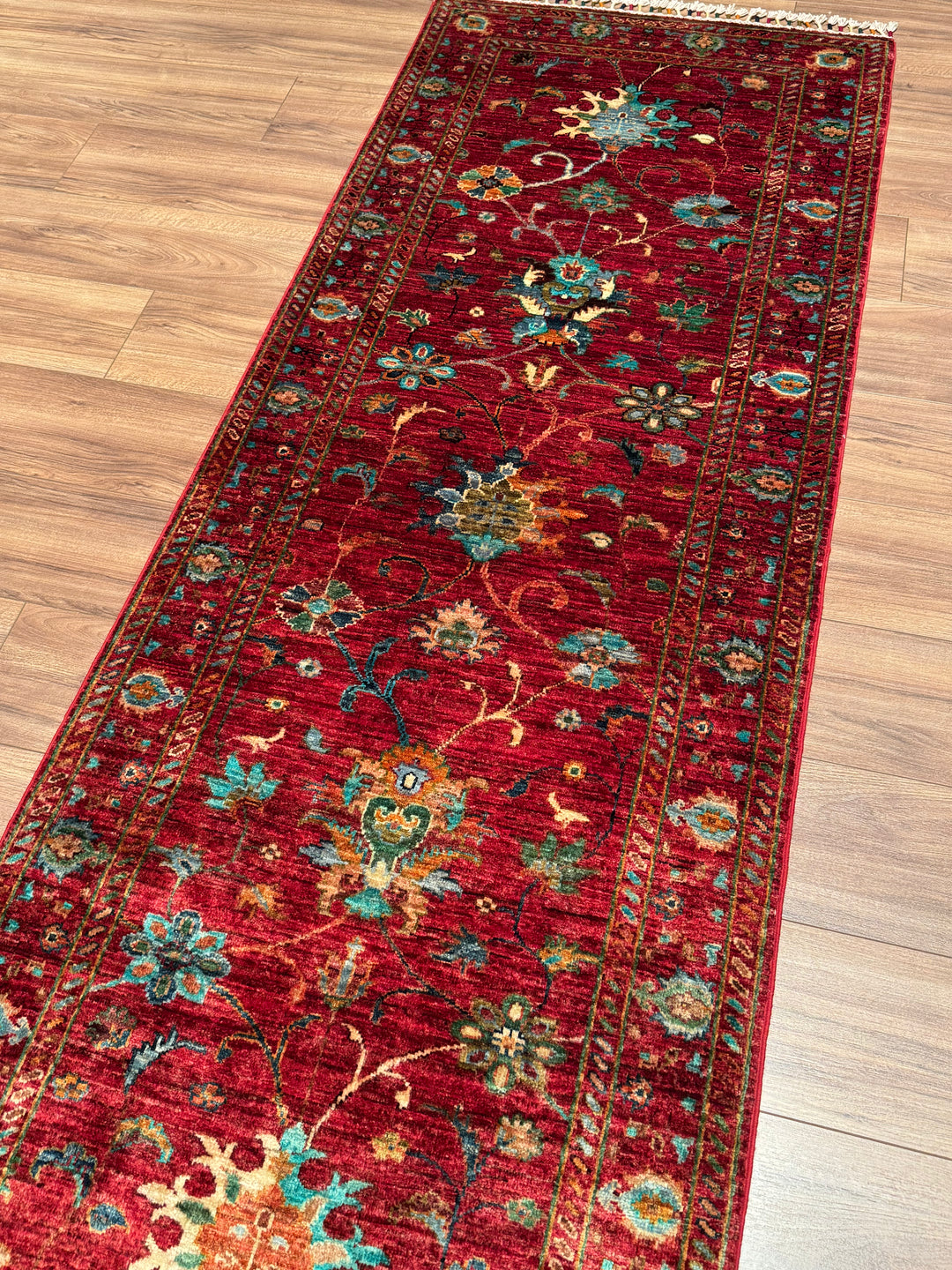 Sultani Binbirgece Runner Original Hand-Woven Red Vegetable Dyed Wool Carpet 0.83x238 1.98 Square Meters - 3x6 ft