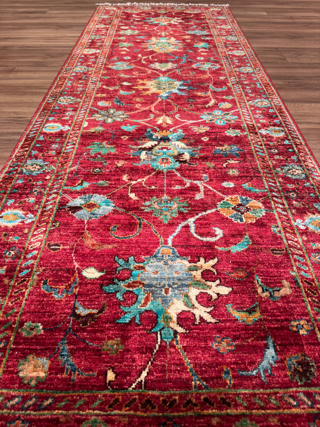 Sultani Binbirgece Runner Original Hand-Woven Red Vegetable Dyed Wool Carpet 0.83x238 1.98 Square Meters - 3x6 ft