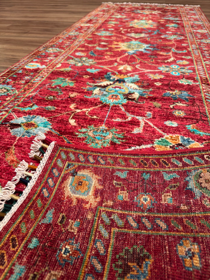 Sultani Binbirgece Runner Original Hand-Woven Red Vegetable Dyed Wool Carpet 0.83x238 1.98 Square Meters - 3x6 ft
