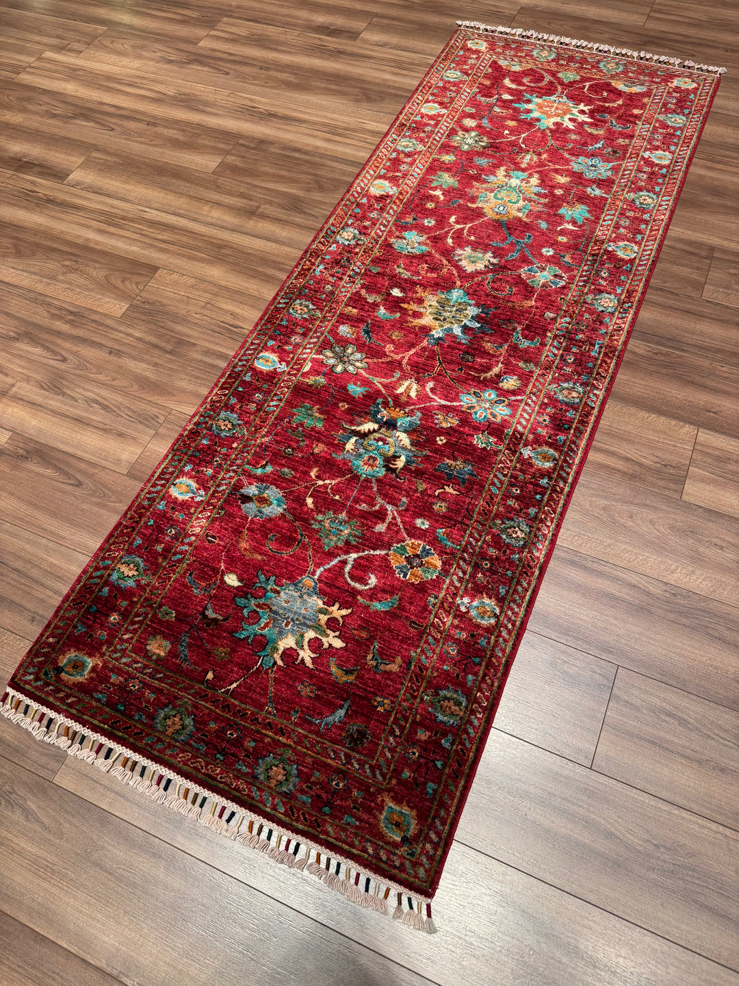 Sultani Binbirgece Runner Original Hand-Woven Red Vegetable Dyed Wool Carpet 0.83x238 1.98 Square Meters - 3x6 ft