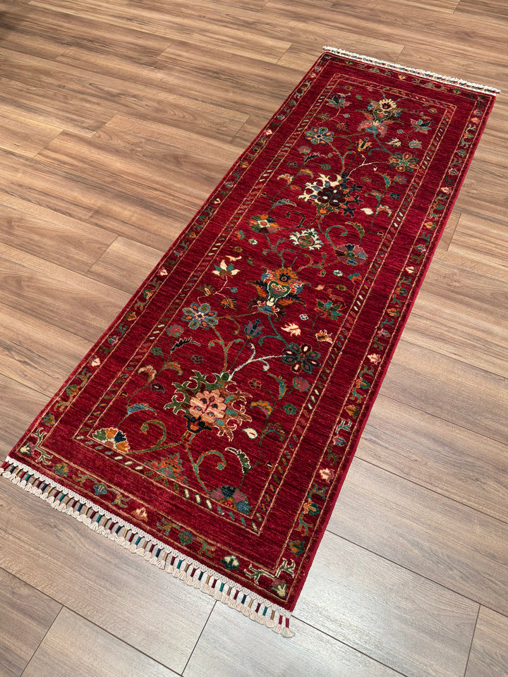 Sultani Binbirgece Runner Original Hand-Woven Red Vegetable Dyed Wool Carpet 0.77x207 1.59 Square Meters - 3x6 ft