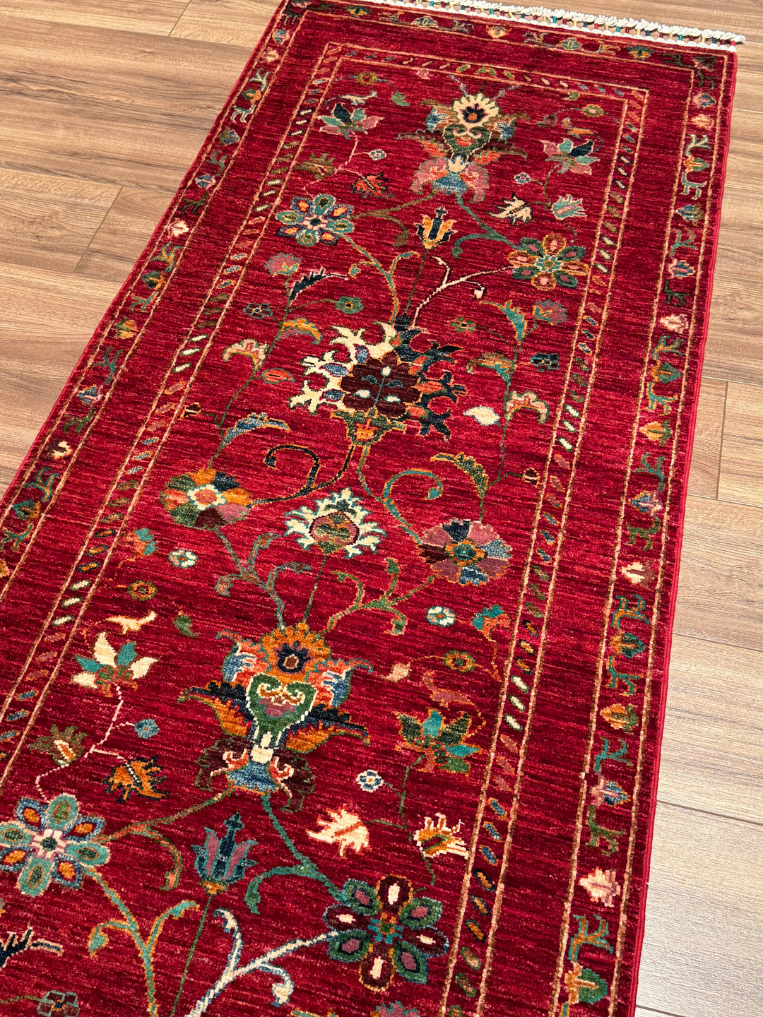 Sultani Binbirgece Runner Original Hand-Woven Red Vegetable Dyed Wool Carpet 0.77x207 1.59 Square Meters - 3x6 ft