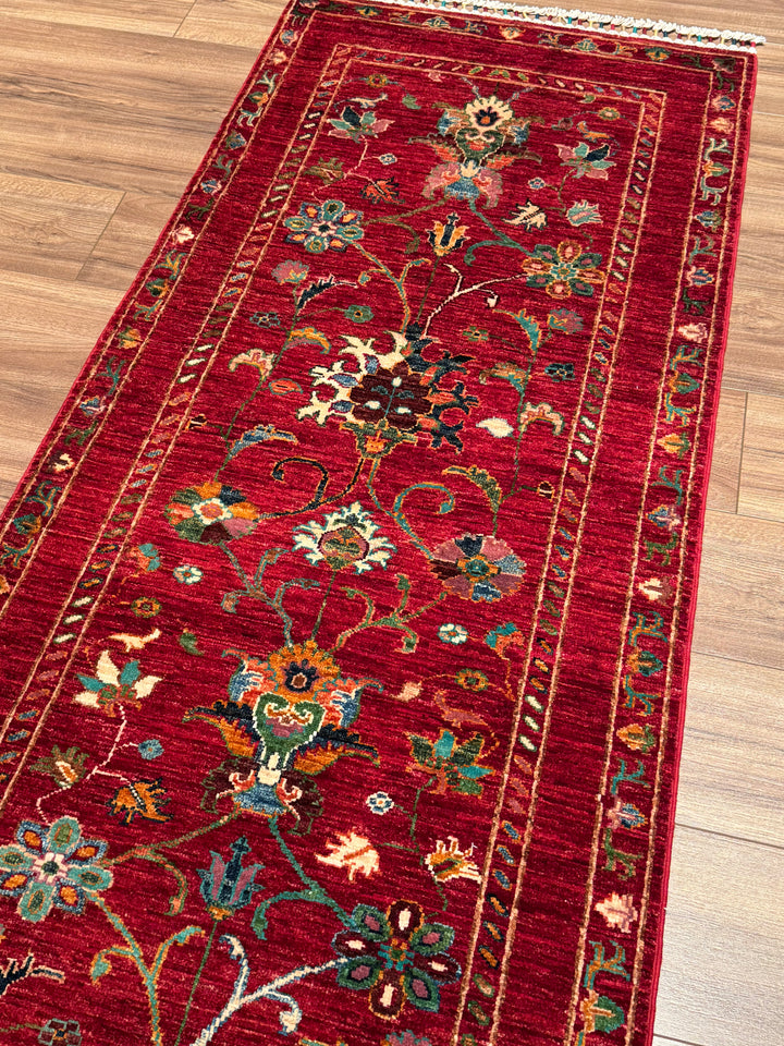 Sultani Binbirgece Runner Original Hand-Woven Red Vegetable Dyed Wool Carpet 0.77x207 1.59 Square Meters - 3x6 ft