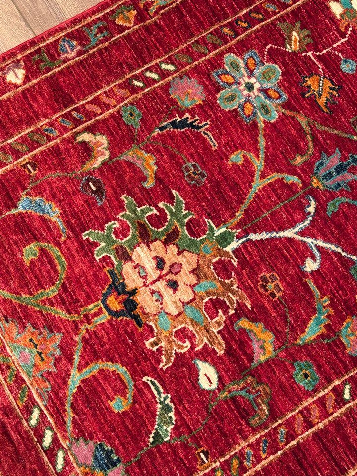 Sultani Binbirgece Runner Original Hand-Woven Red Vegetable Dyed Wool Carpet 0.77x207 1.59 Square Meters - 3x6 ft