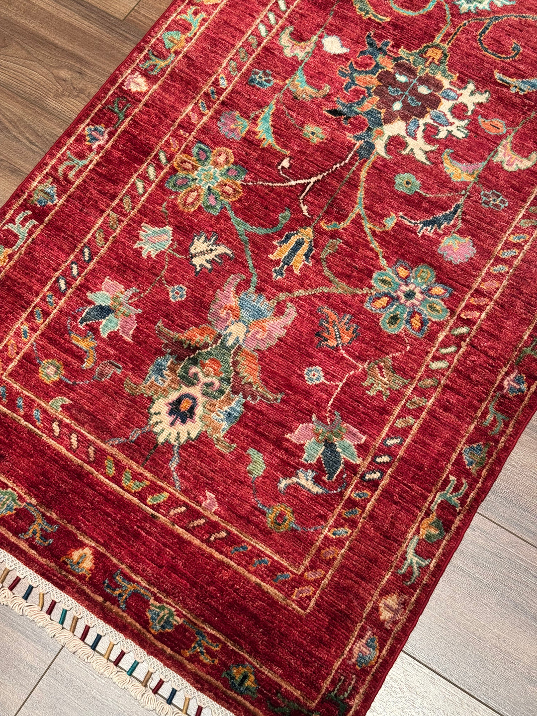 Sultani Binbirgece Runner Original Hand-Woven Red Vegetable Dyed Wool Carpet 0.77x207 1.59 Square Meters - 3x6 ft