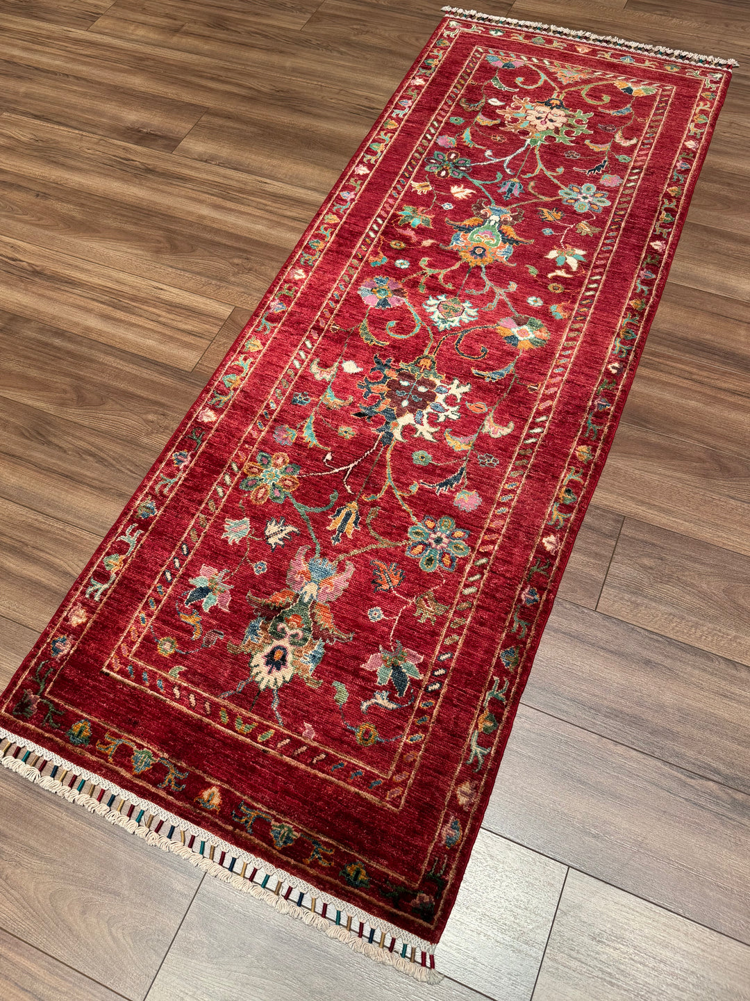 Sultani Binbirgece Runner Original Hand-Woven Red Vegetable Dyed Wool Carpet 0.77x207 1.59 Square Meters - 3x6 ft