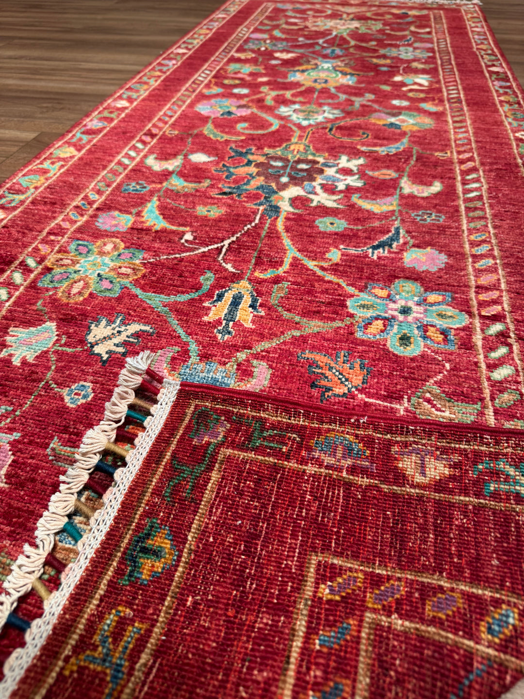 Sultani Binbirgece Runner Original Hand-Woven Red Vegetable Dyed Wool Carpet 0.77x207 1.59 Square Meters - 3x6 ft