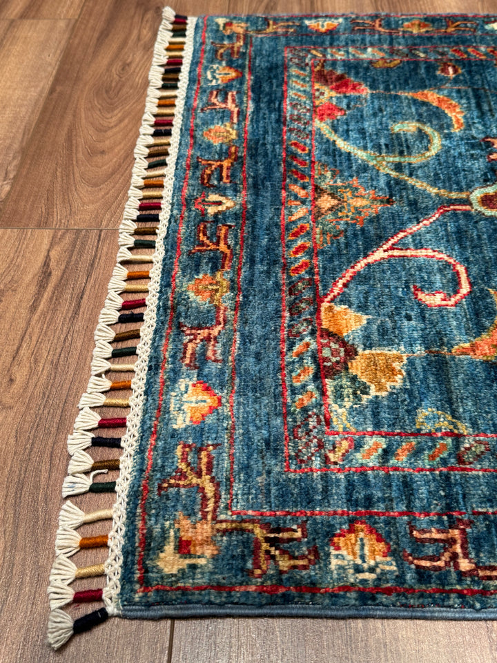 Sultani Binbirgece Yolluk Orijinal El Dokuması Mavi Kök Boya Yün Halı 0.74x265 1.96 Metrekare - 2x8 ft