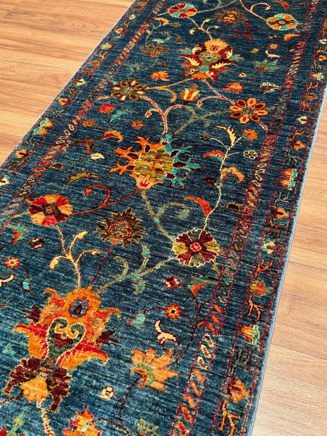 Sultani Binbirgece Yolluk Orijinal El Dokuması Mavi Kök Boya Yün Halı 0.74x265 1.96 Metrekare - 2x8 ft