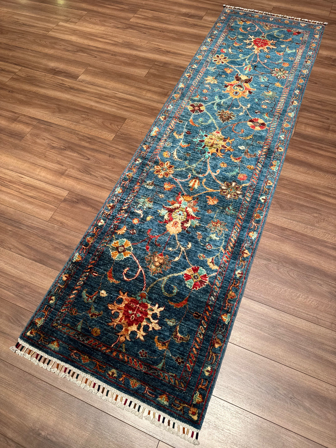 Sultani Binbirgece Yolluk Orijinal El Dokuması Mavi Kök Boya Yün Halı 0.74x265 1.96 Metrekare - 2x8 ft