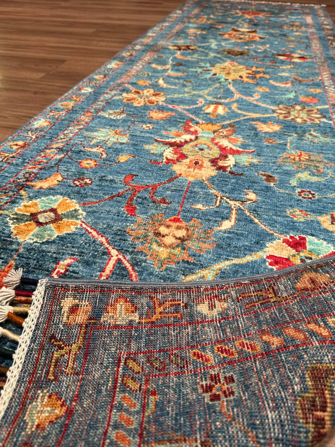 Sultani Binbirgece Yolluk Orijinal El Dokuması Mavi Kök Boya Yün Halı 0.74x265 1.96 Metrekare - 2x8 ft