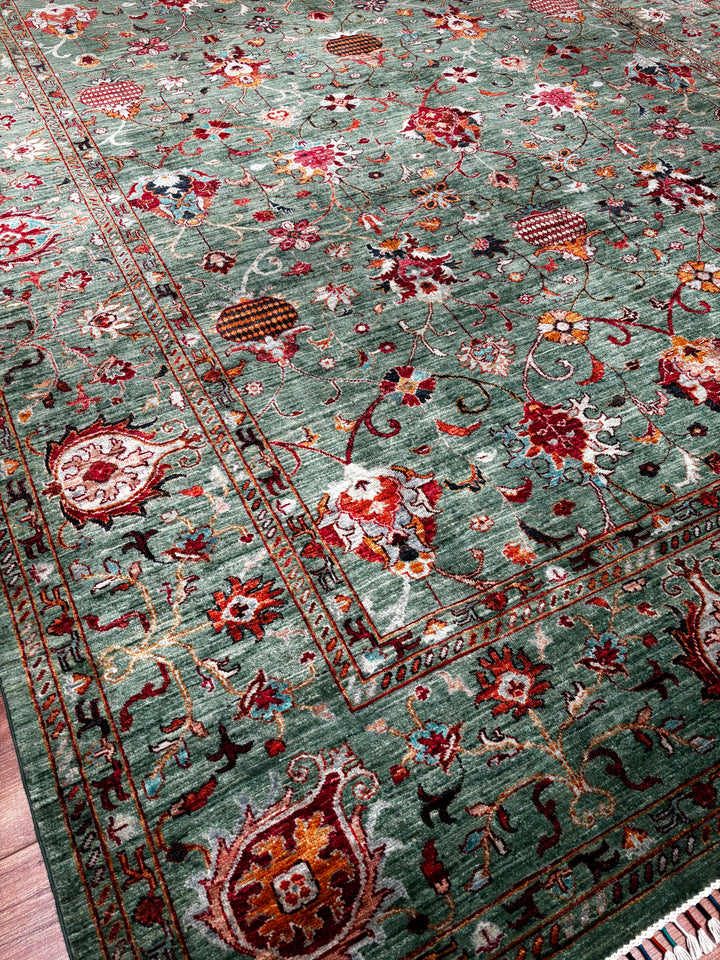 Sultani Binbirgece Orijinal El Dokuması Yeşil Kök Boya Yün Halı 249x312 7.77 Metrekare - 7x10 ft