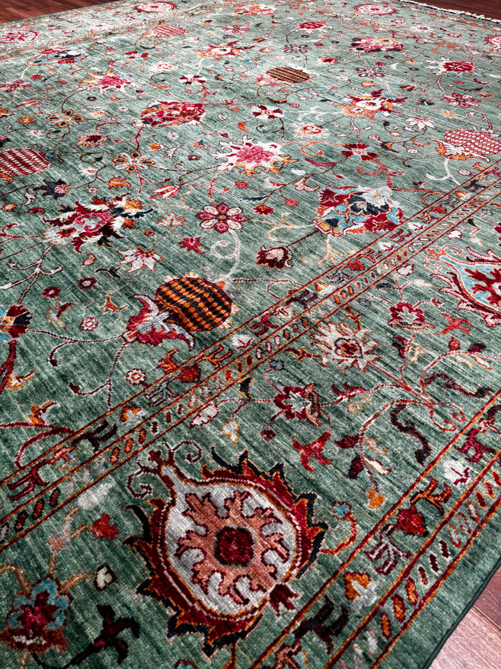 Sultani Binbirgece Orijinal El Dokuması Yeşil Kök Boya Yün Halı 249x312 7.77 Metrekare - 7x10 ft