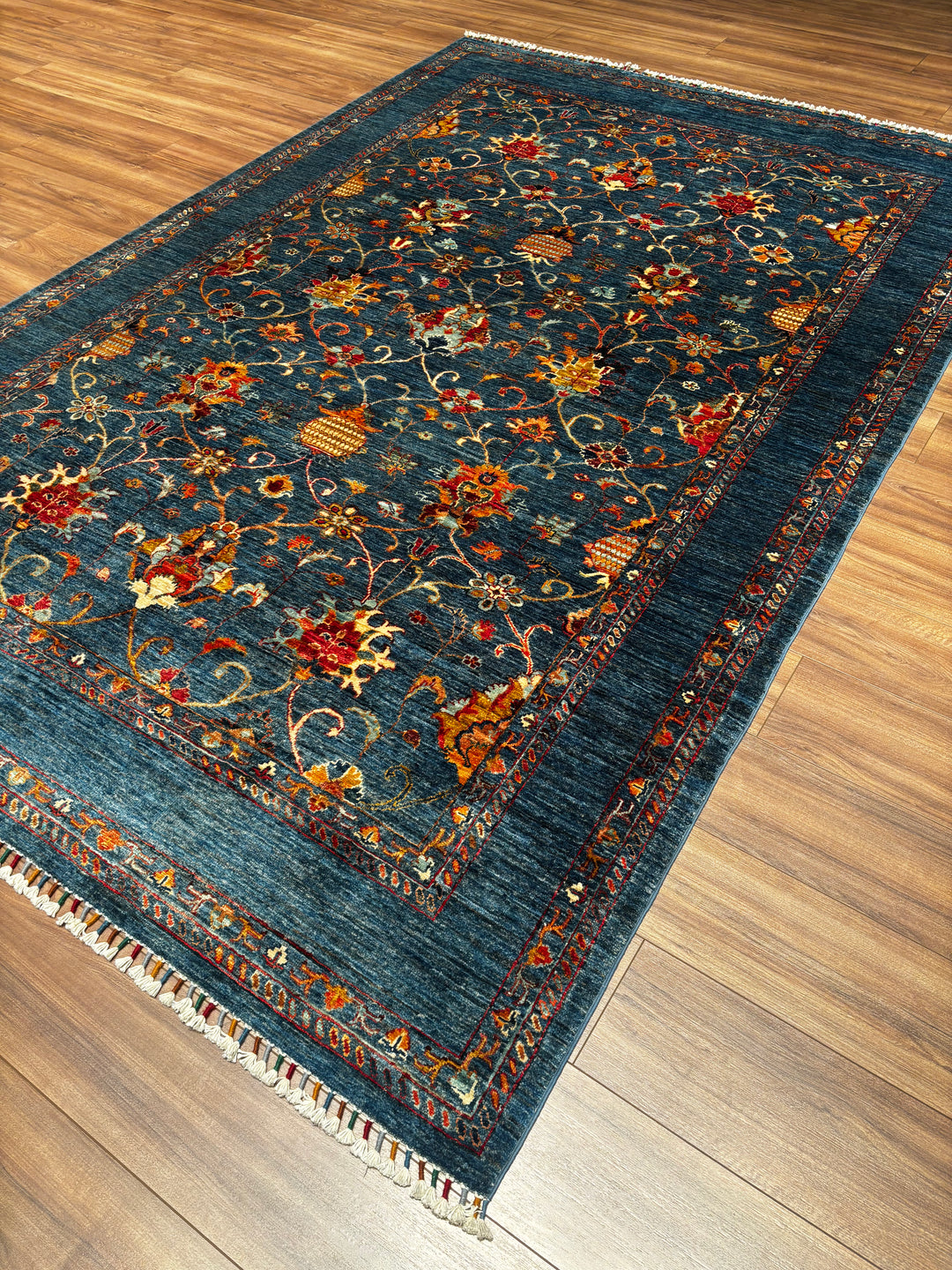 Sultani Binbirgece Orijinal El Dokuması Mavi Kök Boya Yün Halı 200x298 5.96 Metrekare - 7x10 ft