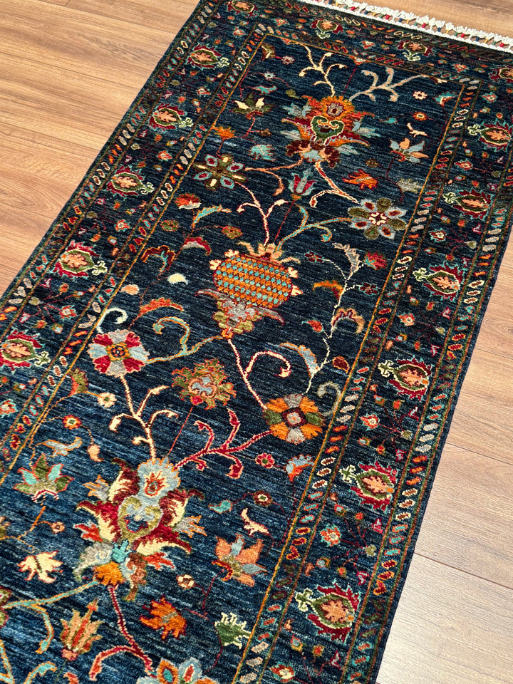 Sultani Binbirgece Yolluk Orijinal El Dokuması Mavi Kök Boya Yün Halı 0.81x295 2.39 Metrekare - 2x10 ft