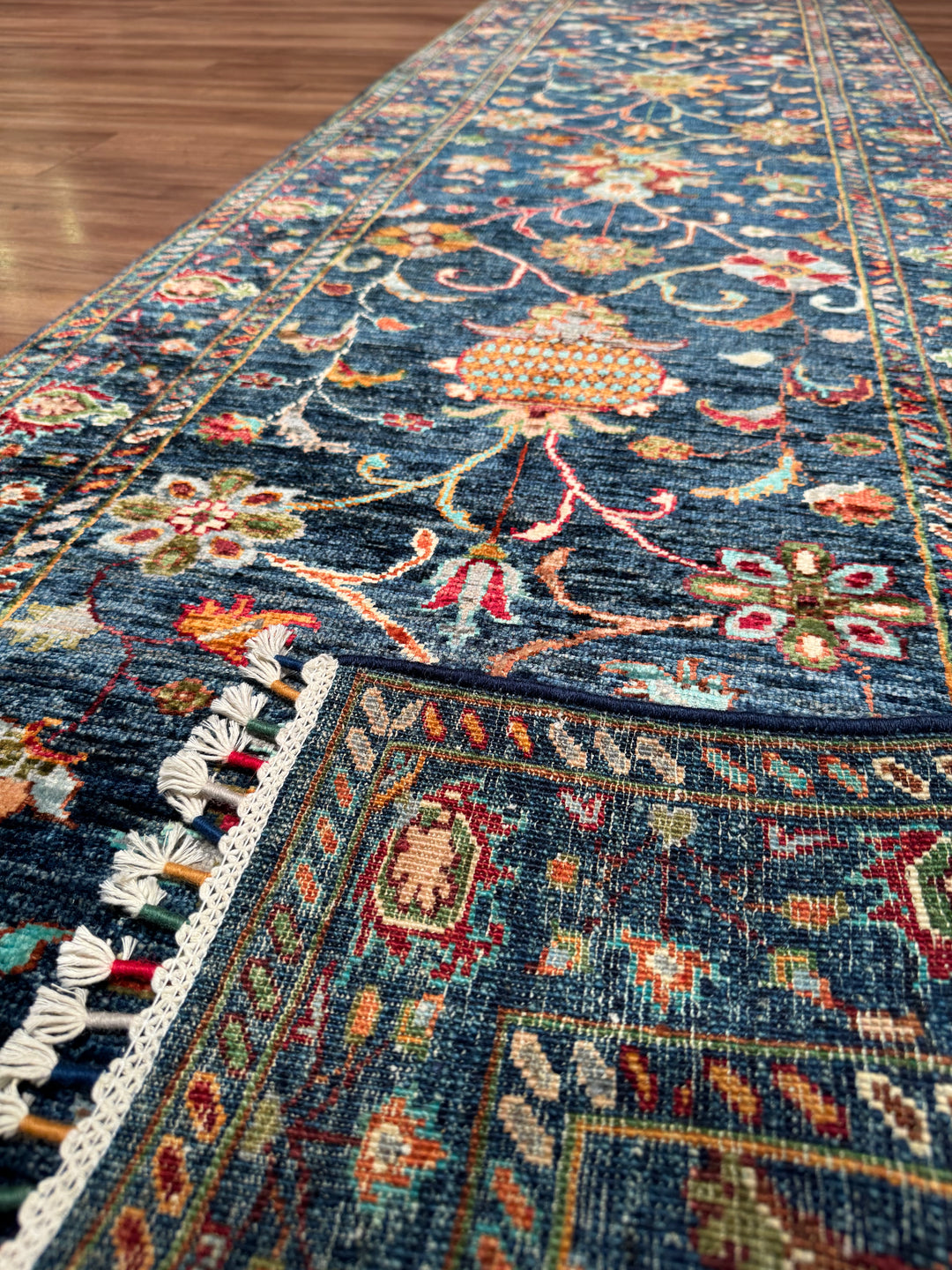 Sultani Binbirgece Yolluk Orijinal El Dokuması Mavi Kök Boya Yün Halı 0.81x295 2.39 Metrekare - 2x10 ft