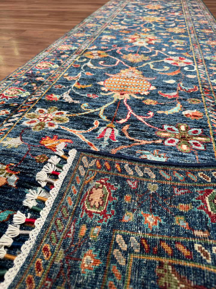 Sultani Binbirgece Yolluk Orijinal El Dokuması Mavi Kök Boya Yün Halı 0.81x295 2.39 Metrekare - 2x10 ft