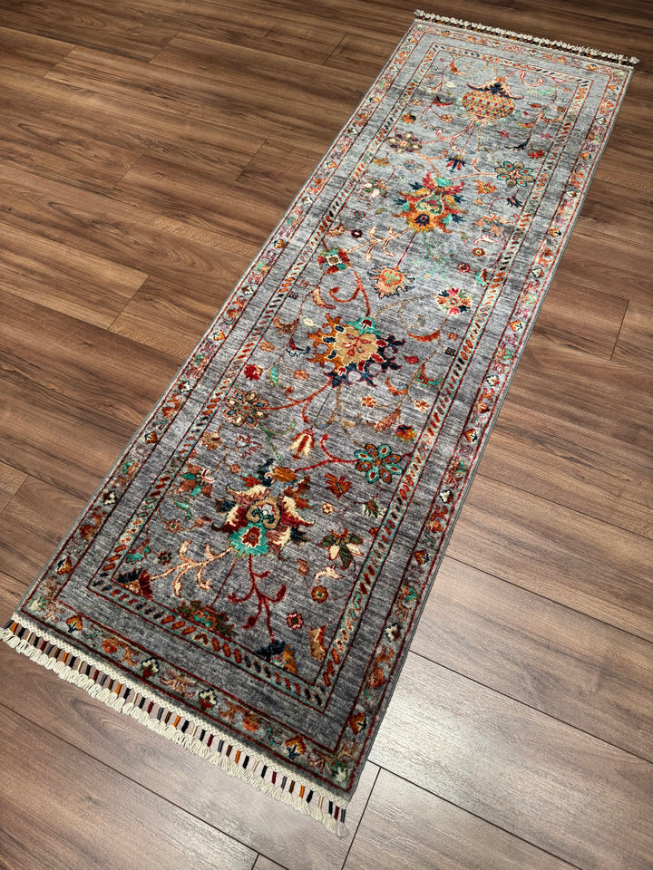 Sultani Binbirgece Runner Original Hand-Woven Gray Vegetable Dyed Wool Carpet 0.69x212 1.46 Square Meters - 3x7 ft