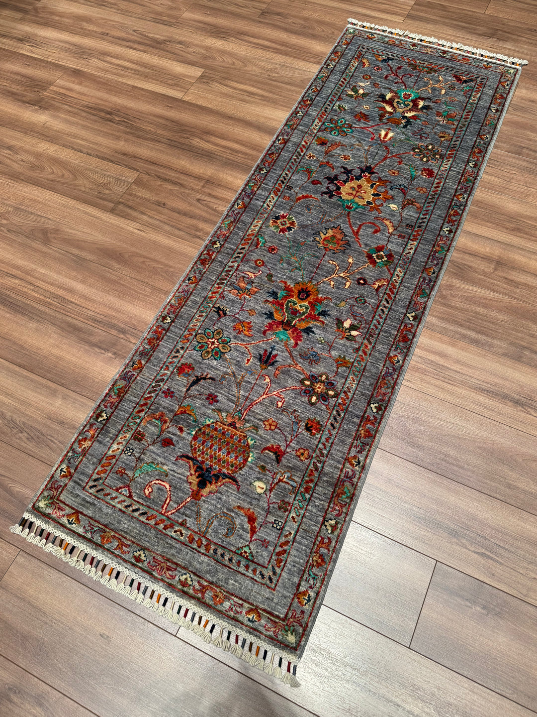 Sultani Binbirgece Runner Original Hand-Woven Gray Vegetable Dyed Wool Carpet 0.69x212 1.46 Square Meters - 3x7 ft
