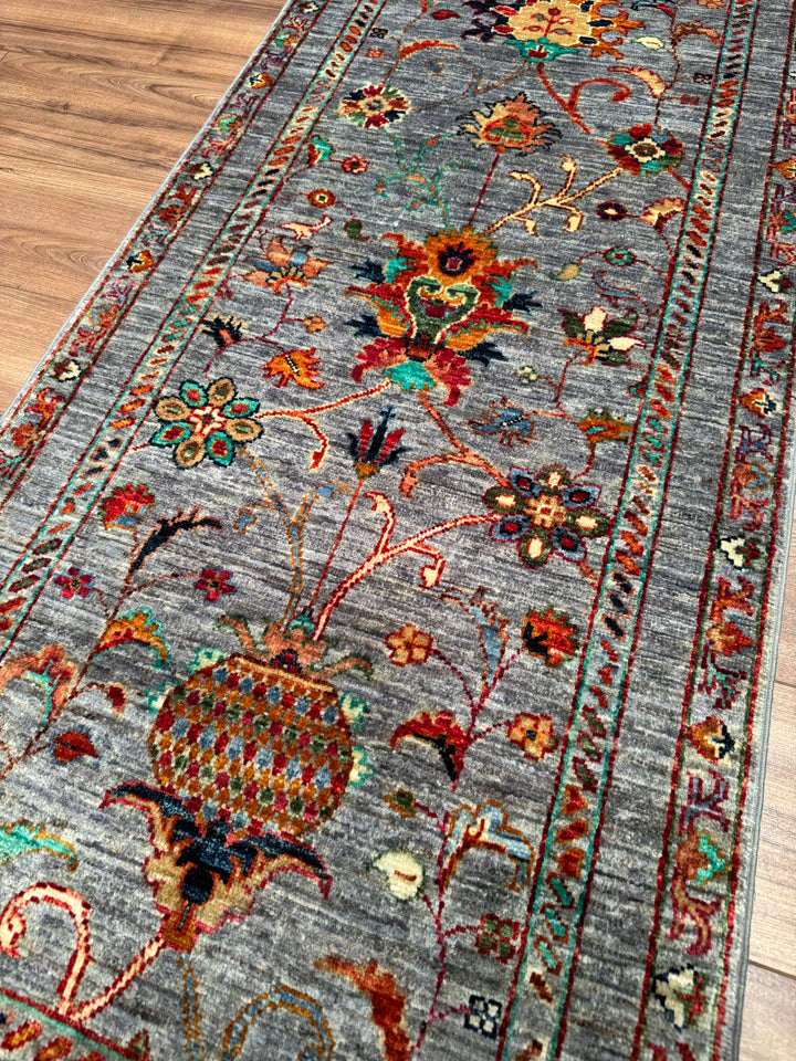 Sultani Binbirgece Runner Original Hand-Woven Gray Vegetable Dyed Wool Carpet 0.69x212 1.46 Square Meters - 3x7 ft