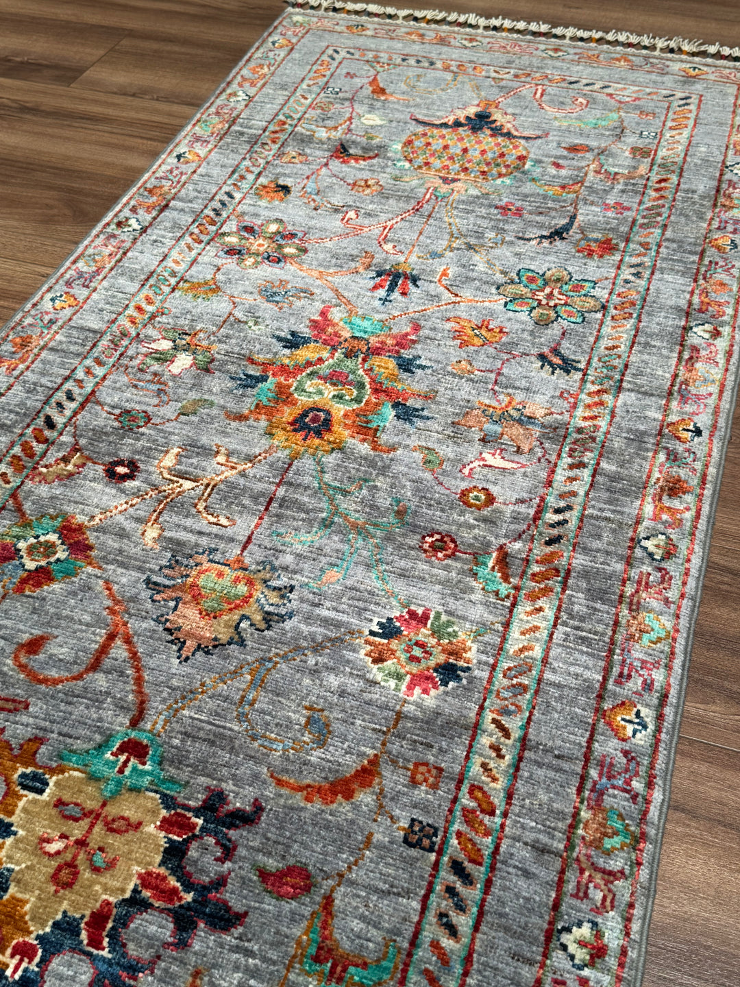 Sultani Binbirgece Runner Original Hand-Woven Gray Vegetable Dyed Wool Carpet 0.69x212 1.46 Square Meters - 3x7 ft