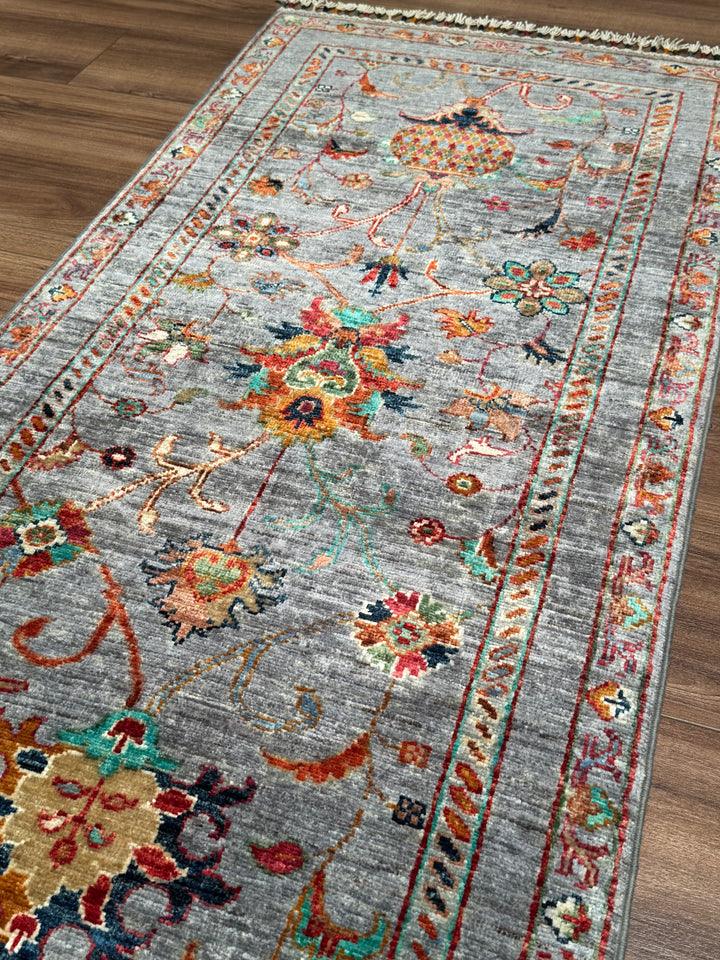 Sultani Binbirgece Runner Original Hand-Woven Gray Vegetable Dyed Wool Carpet 0.69x212 1.46 Square Meters - 3x7 ft