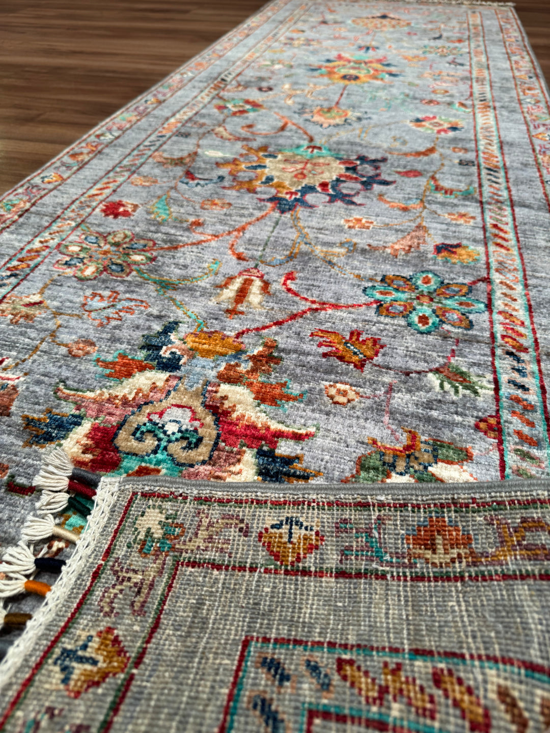 Sultani Binbirgece Runner Original Hand-Woven Gray Vegetable Dyed Wool Carpet 0.69x212 1.46 Square Meters - 3x7 ft