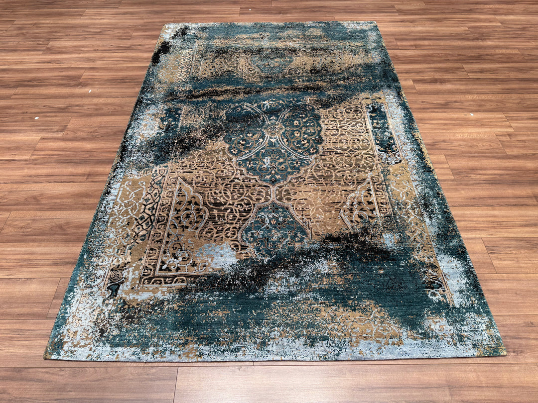 Oxidised Original Hand Woven Blue Wool Silk Carpet 181x275 4.98 Square Meters - 6x9 ft