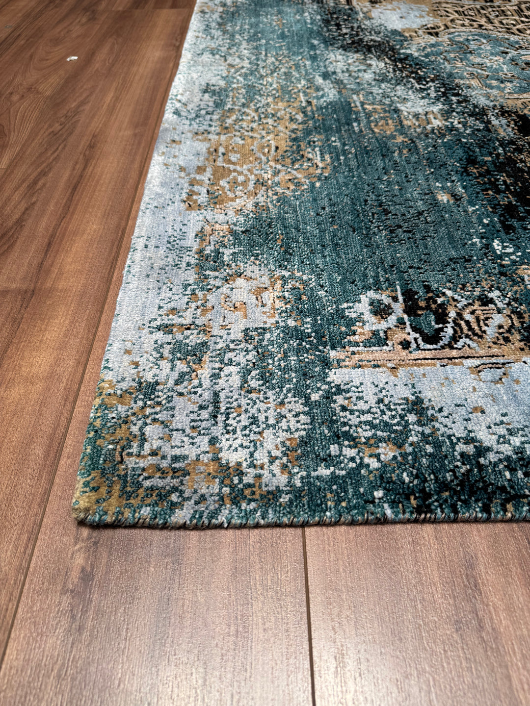 Oxidised Original Hand Woven Blue Wool Silk Carpet 181x275 4.98 Square Meters - 6x9 ft