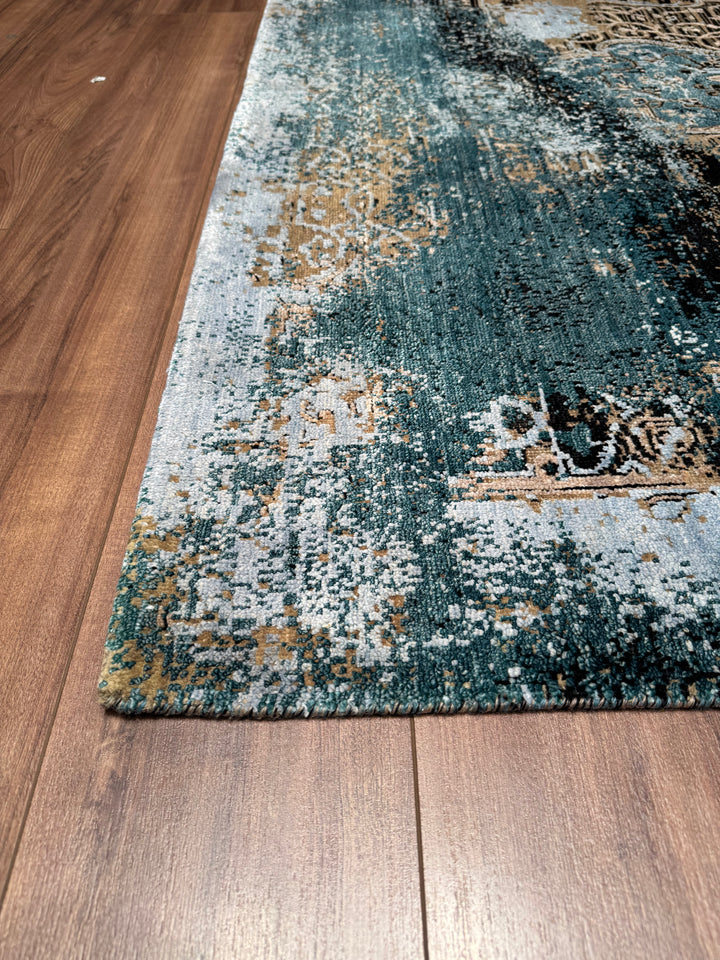 Oxidised Original Hand Woven Blue Wool Silk Carpet 181x275 4.98 Square Meters - 6x9 ft