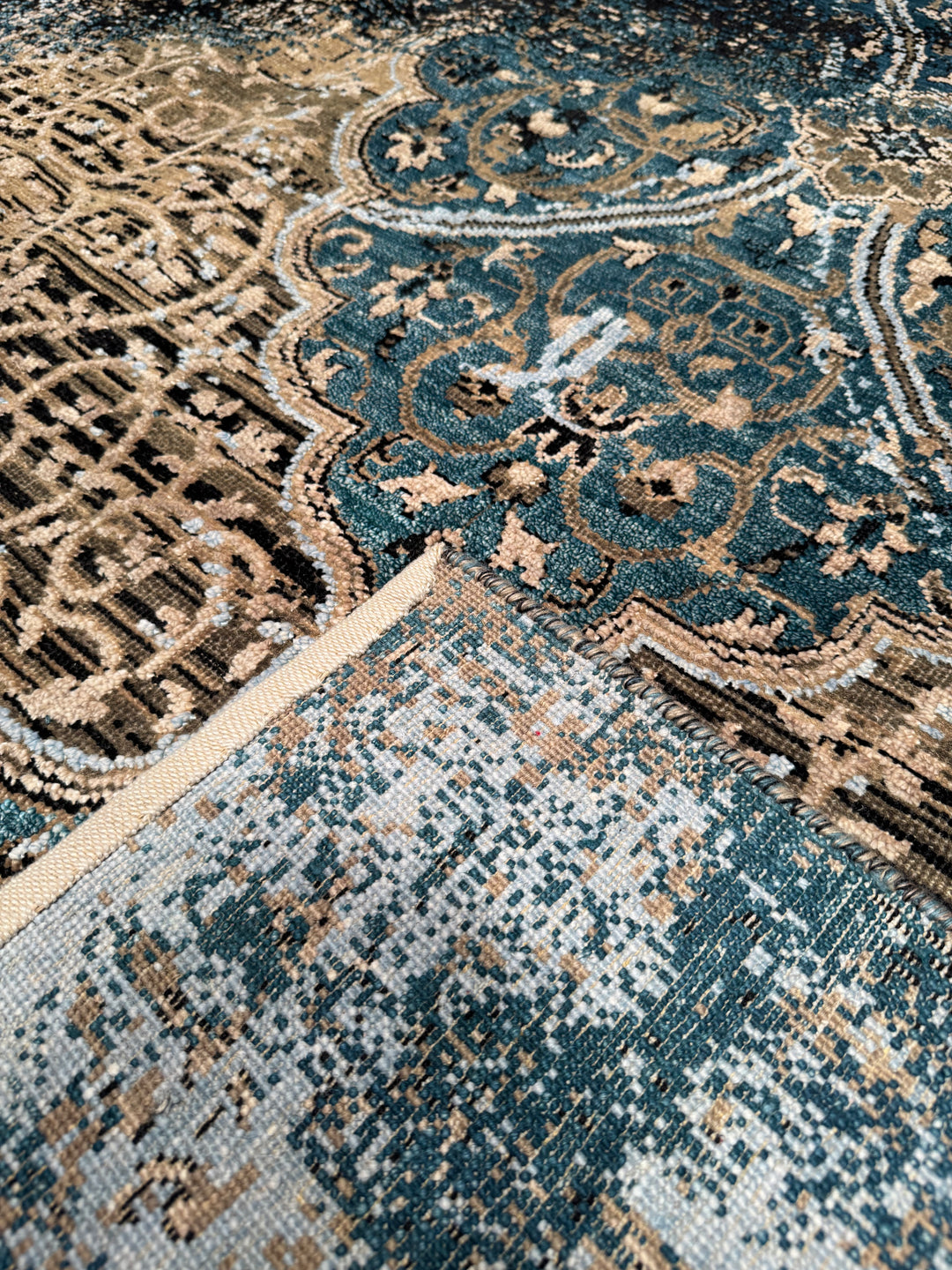 Oxidised Original Hand Woven Blue Wool Silk Carpet 181x275 4.98 Square Meters - 6x9 ft