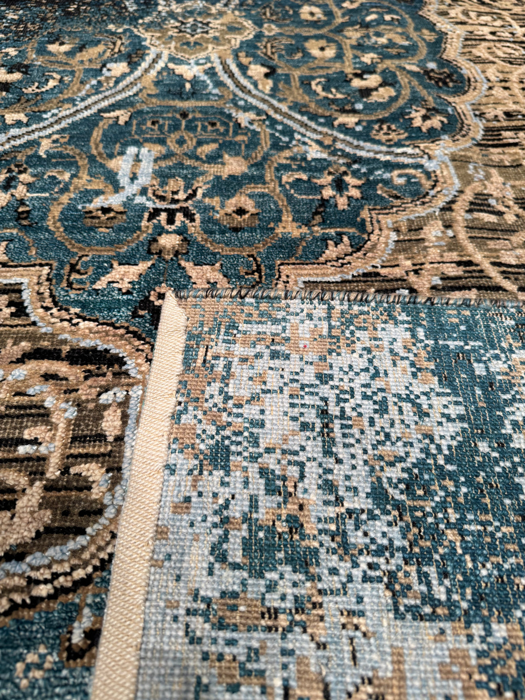 Oxidised Original Hand Woven Blue Wool Silk Carpet 245x308 7.55 Square Meters - 8x10 ft