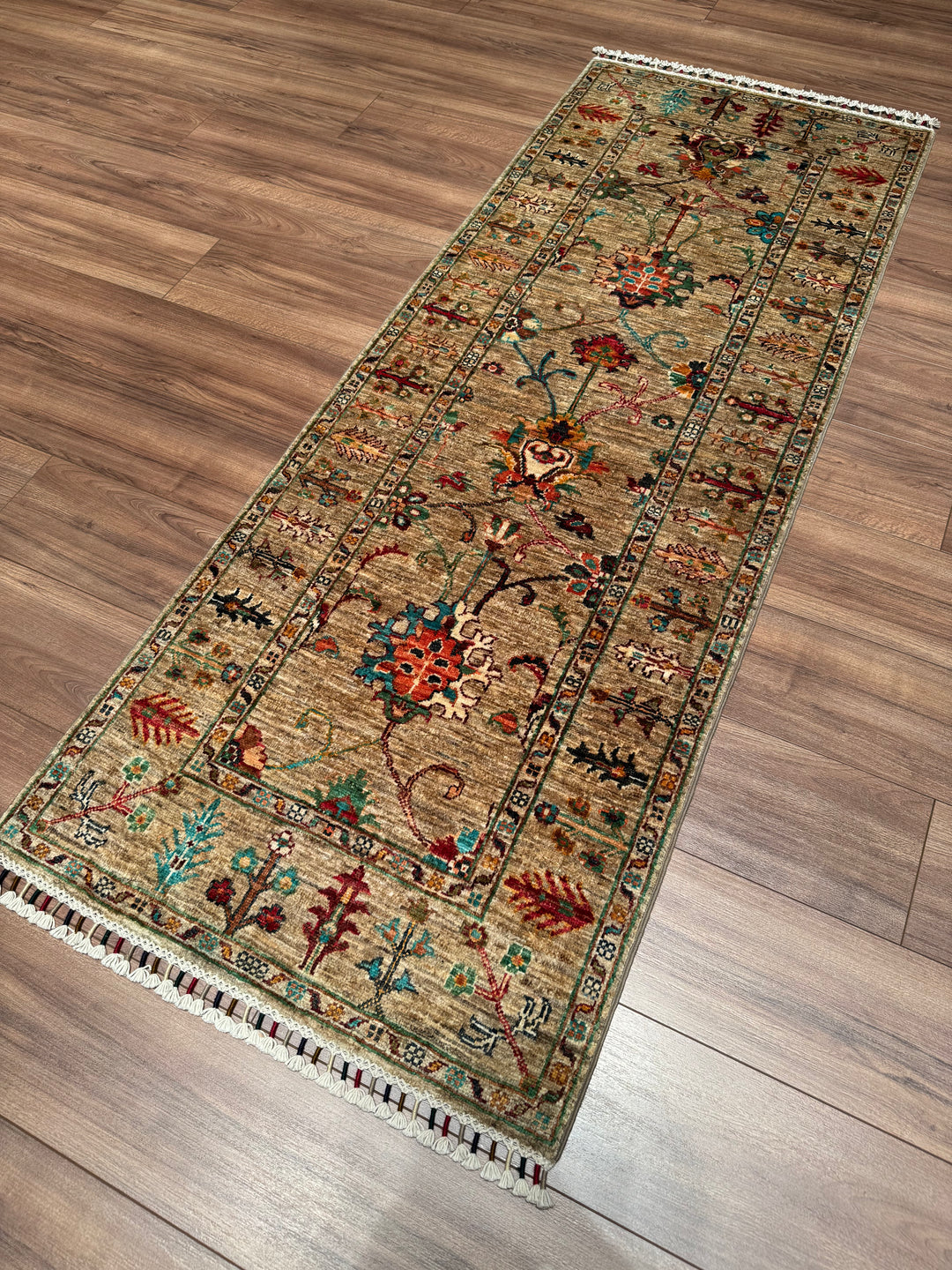 Sultani Binbirgece Yolluk Orijinal El Dokuması Bej Kök Boya Yün Halı 0.75x201 1.51 Metrekare - 3x6 ft