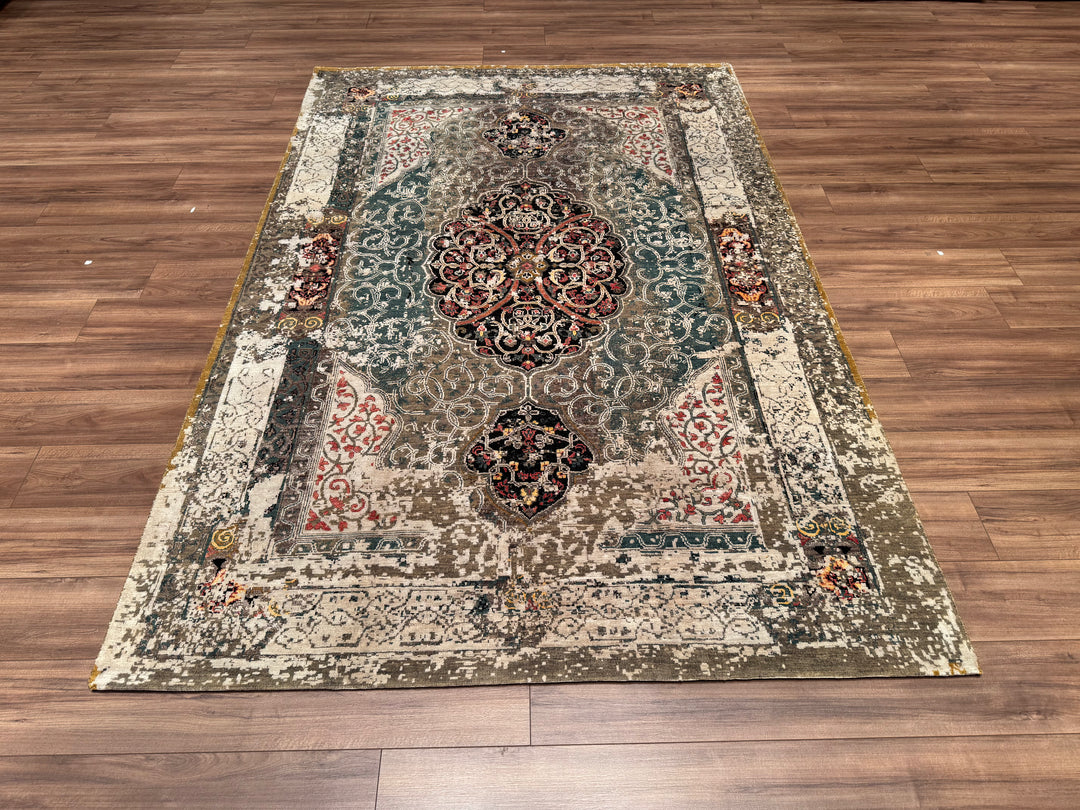 Oxidised Original Hand Woven Multi Wool Silk Carpet 185x275 5.09 Square Meters - 6x9 ft