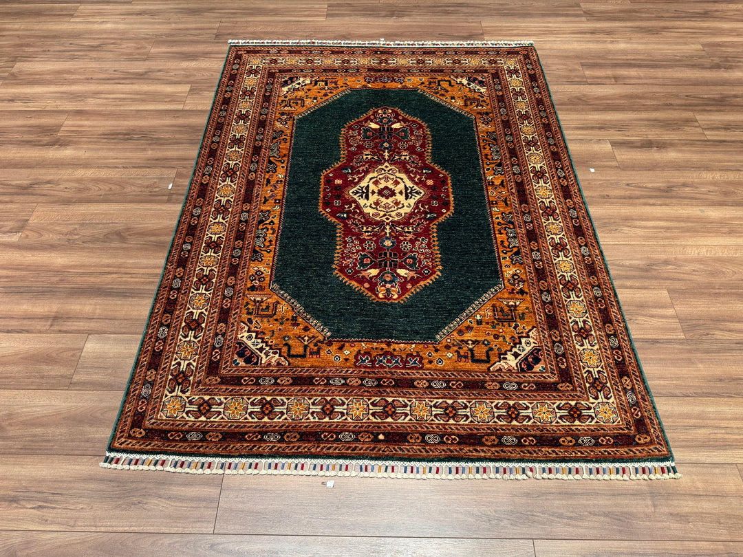 Heriz Orjinal El Dokuması Yeşil Kök Boya Yün Halı 153x205 3.14 Metrekare - 5x6 ft