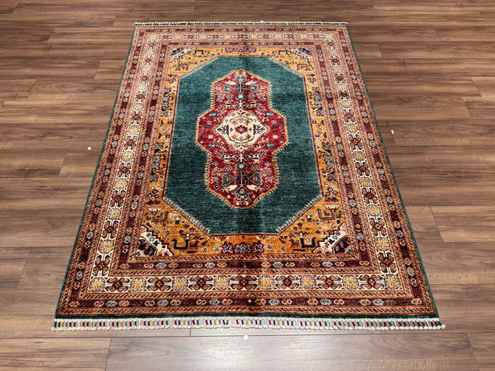 Heriz Orjinal El Dokuması Yeşil Kök Boya Yün Halı 153x205 3.14 Metrekare - 5x6 ft