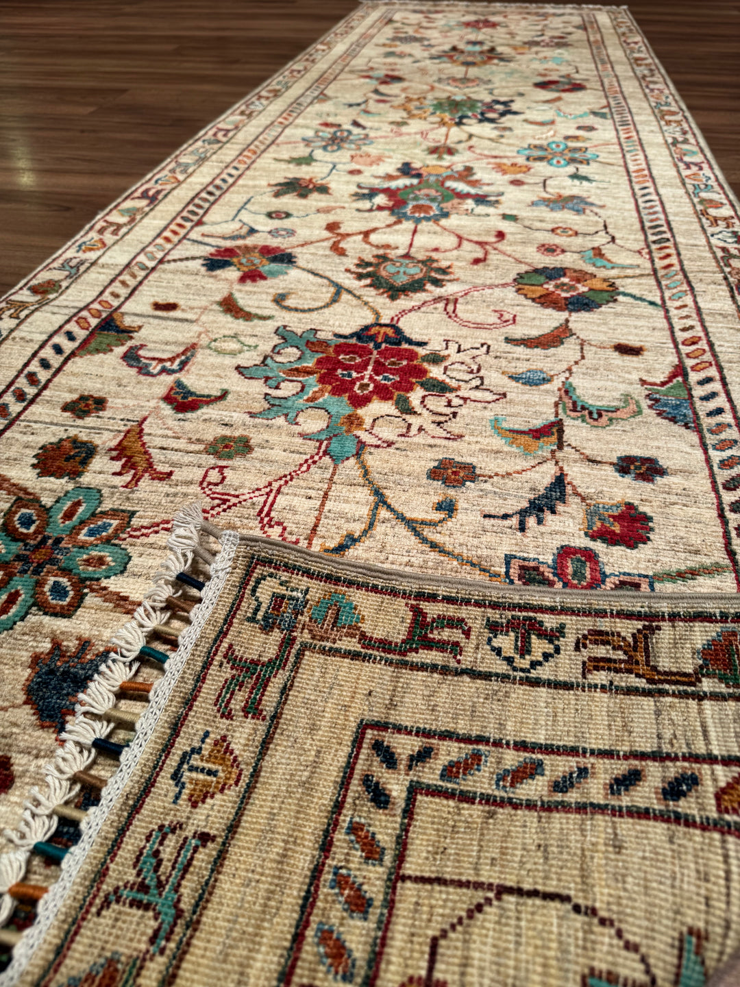 Sultani Binbirgece Yolluk Orijinal El Dokuması Bej Kök Boya Yün Halı 0.80x285 2.28 Metrekare - 3x10 ft