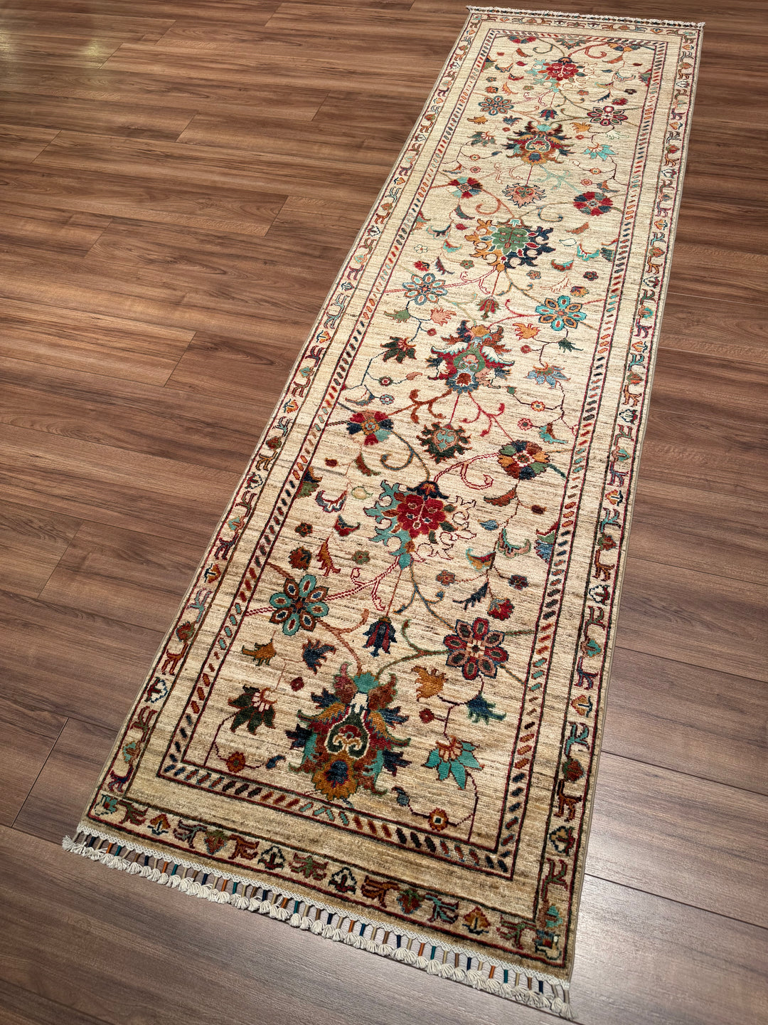 Sultani Binbirgece Yolluk Orijinal El Dokuması Bej Kök Boya Yün Halı 0.80x285 2.28 Metrekare - 3x10 ft