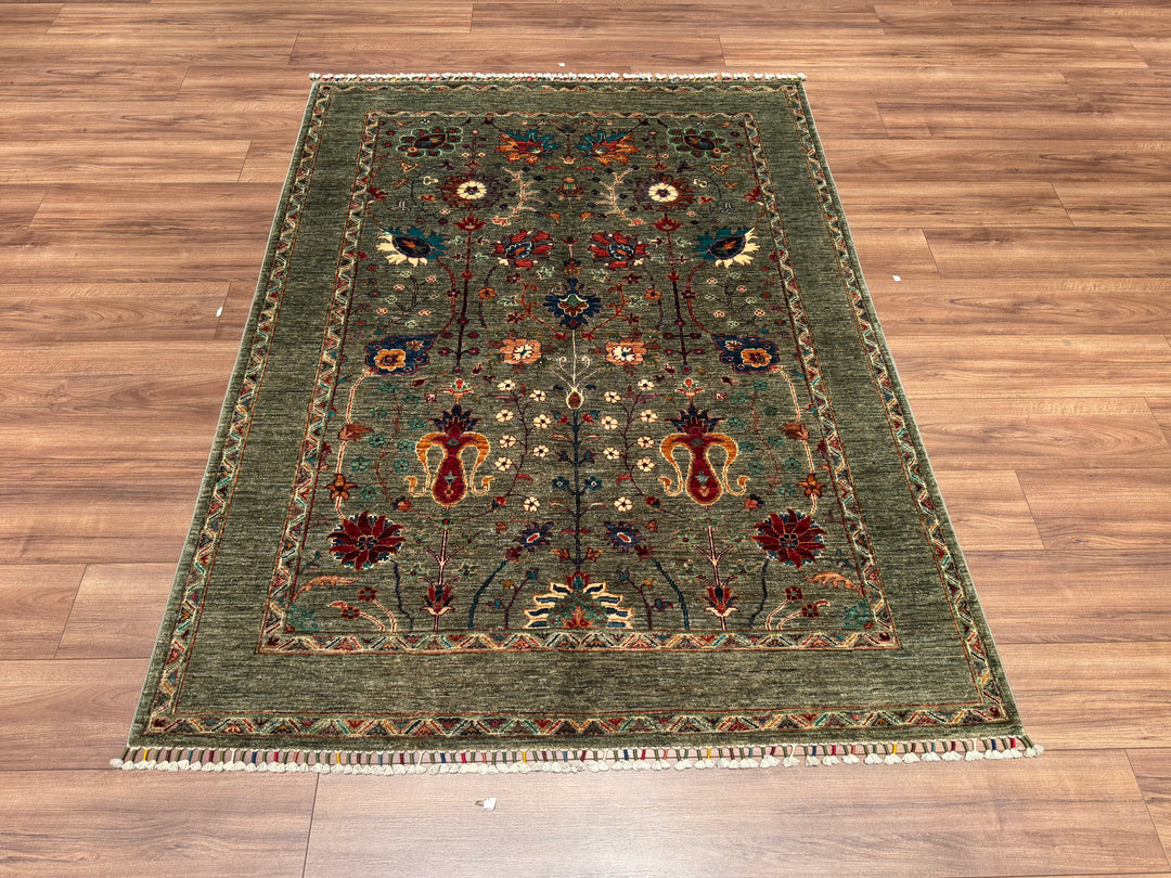 Sultani Floral Original Hand Woven Green Vegetable Dyed Wool Carpet 151x201 3.04 Square Meters - 5x6 ft