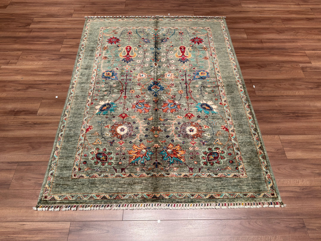 Sultani Çiçekli Orjinal El Dokuması Yeşil Kök Boya Yün Halı 151x201 3.04 Metrekare - 5x6 ft