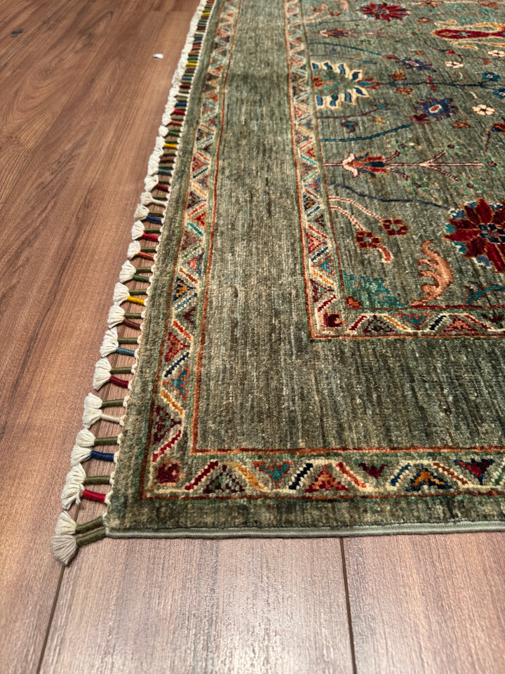 Sultani Floral Original Hand Woven Green Vegetable Dyed Wool Carpet 151x201 3.04 Square Meters - 5x6 ft